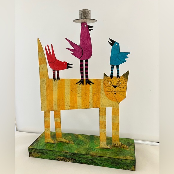 ACME Animal Canada Cat With 3 Birds, one Taper Candle Holder Handcrafted Signed - Picture 14 of 17